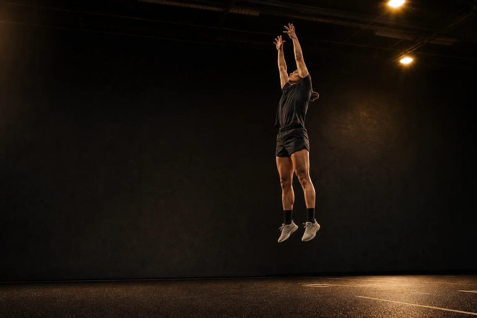 Athlete reaching upward at the peak of a vertical jump